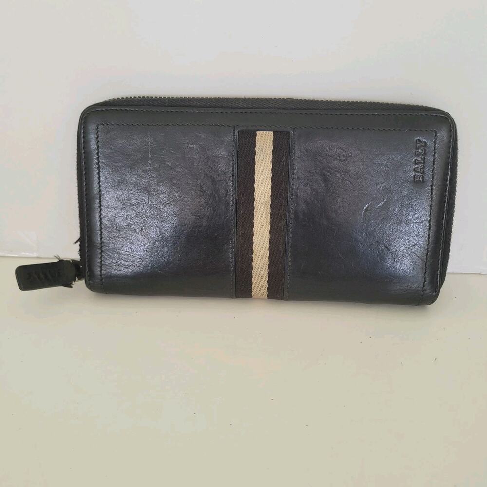 Bally Switzerland Zip Around‎ Wallet Organizer Black 7x4 Large Logo Leather